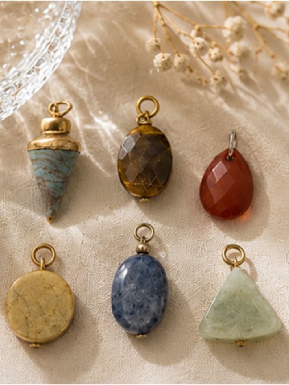 NEW - 6 Piece Genuine Gemstone Pendant Charm Set Boho Gold Tone Multicolor